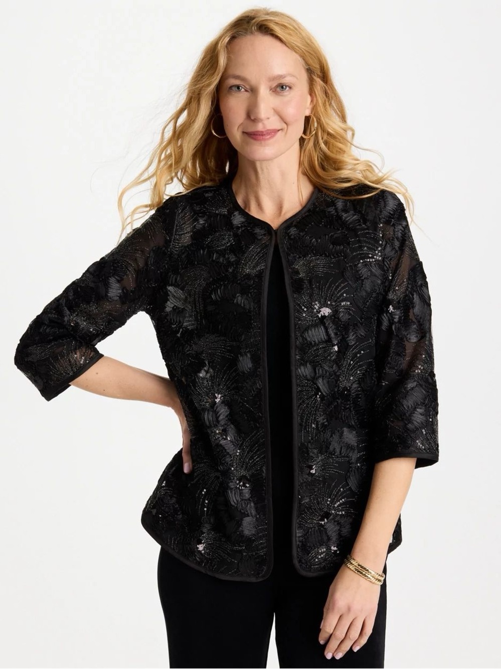 Chico’s Travelers Sequin Soutache Evening Jacket Women’s Black Size 2 L